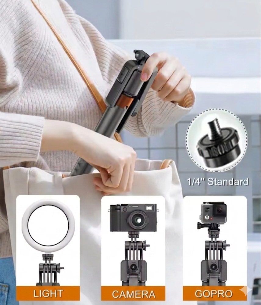 Trípode IA para móvil, cámara y GoPro 360°.